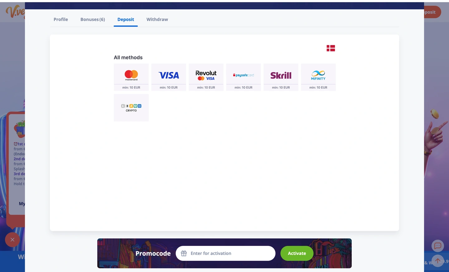 Payment methods and cashier at V.Vegas Casino
